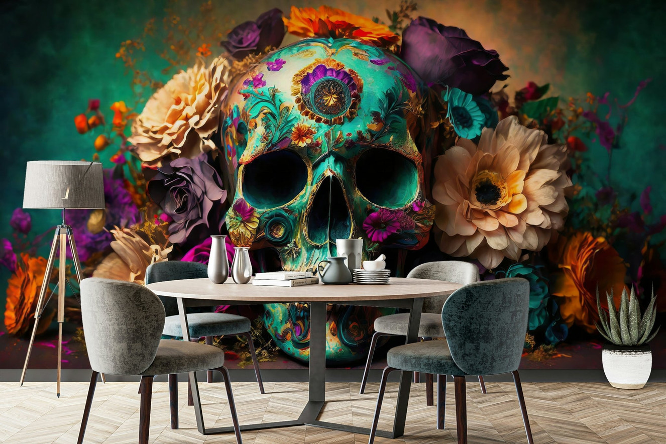 Floral Skull wall mural with vibrant botanical design

