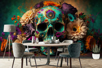 Floral Skull wall mural with vibrant botanical design

