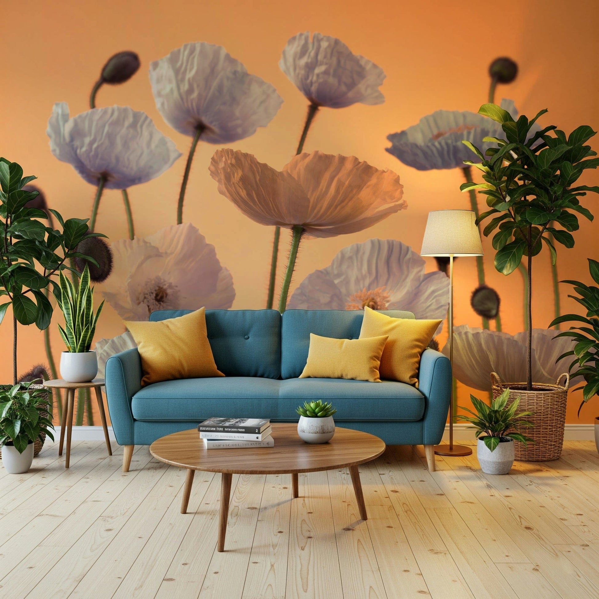 Large floral wall mural behind sofa, modern apartment wall decor with vibrant petals