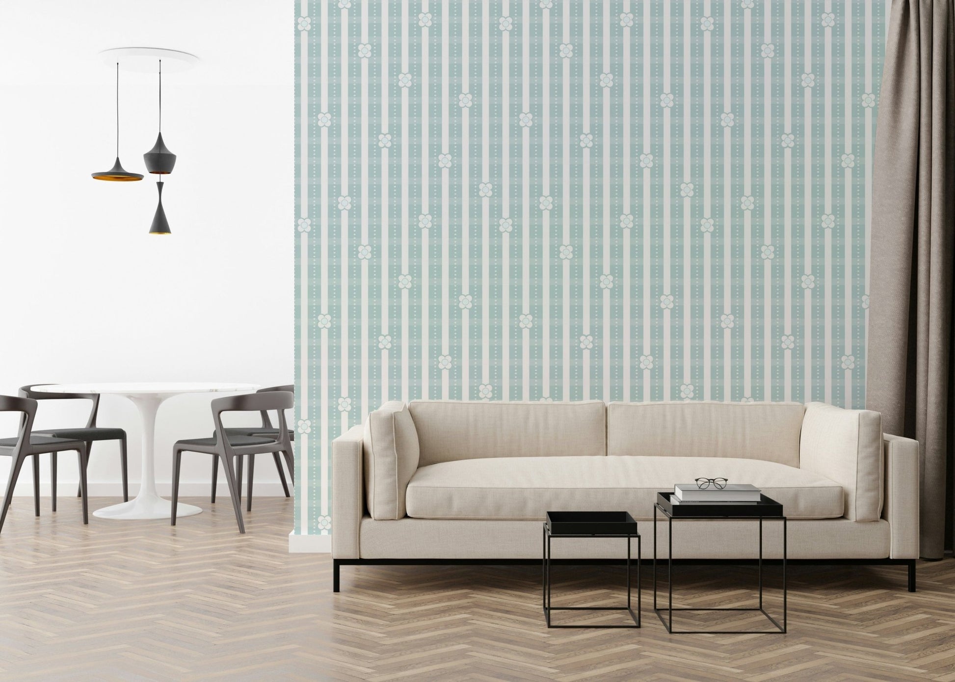 Floral Stripe Pattern Wallpaper – Decorative wallpaper blending serene florals with understated striped textures.