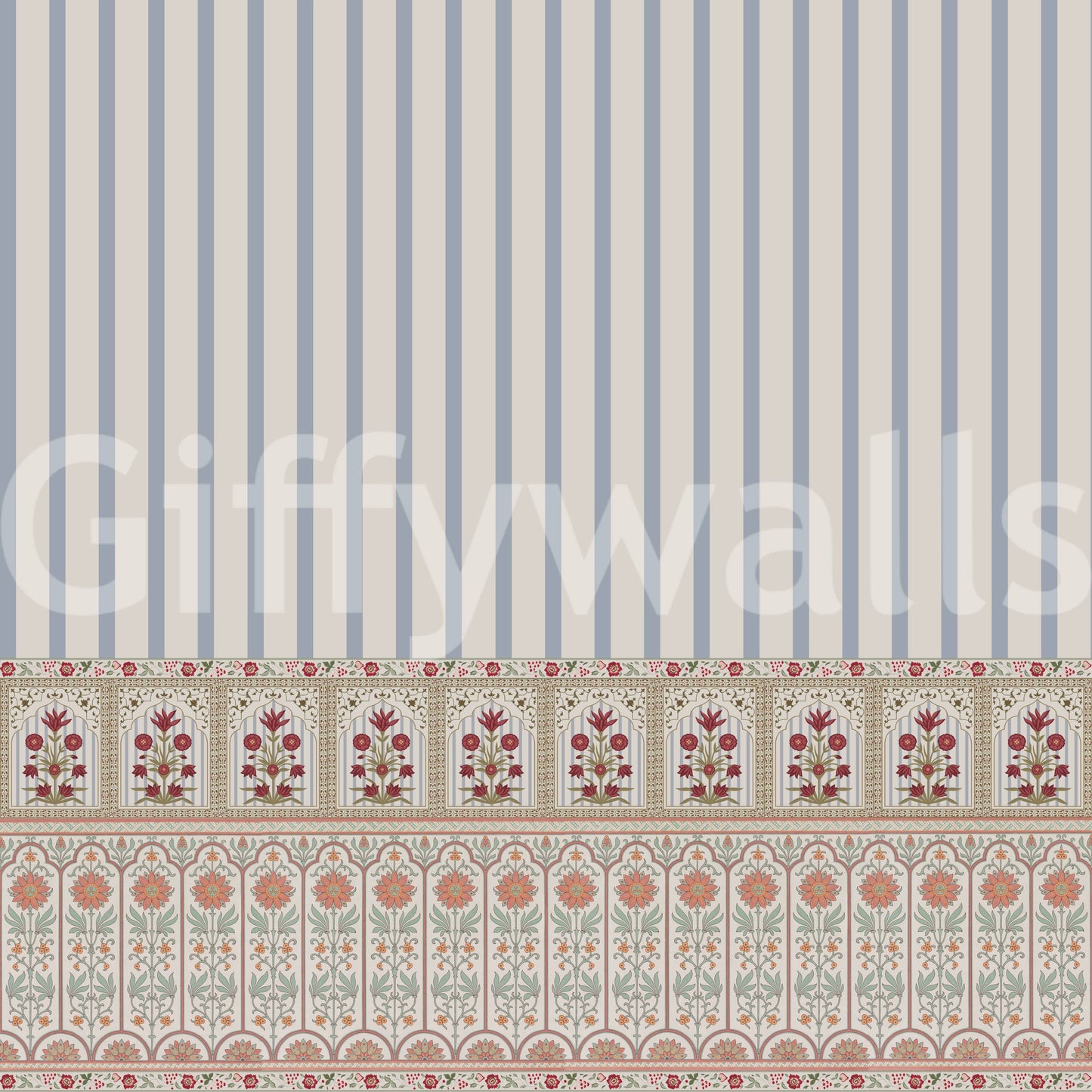 Striped wallpaper mural with graceful floral pattern detailing
