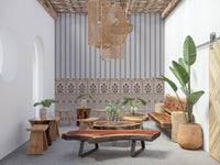 Floral pattern wall mural paired with timeless striped wallpaper styling