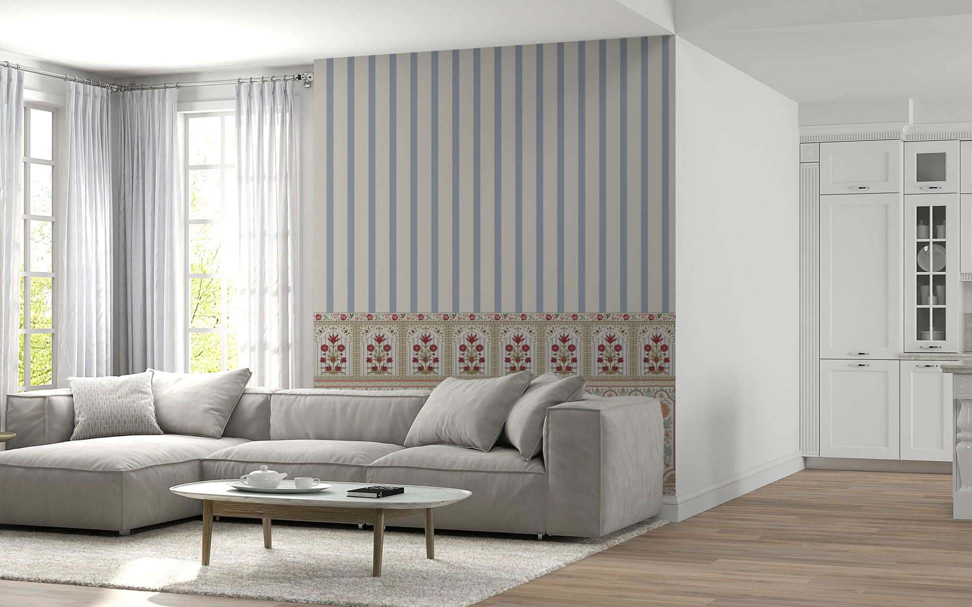 Floral pattern striped wallpaper mural in muted, refined tones
