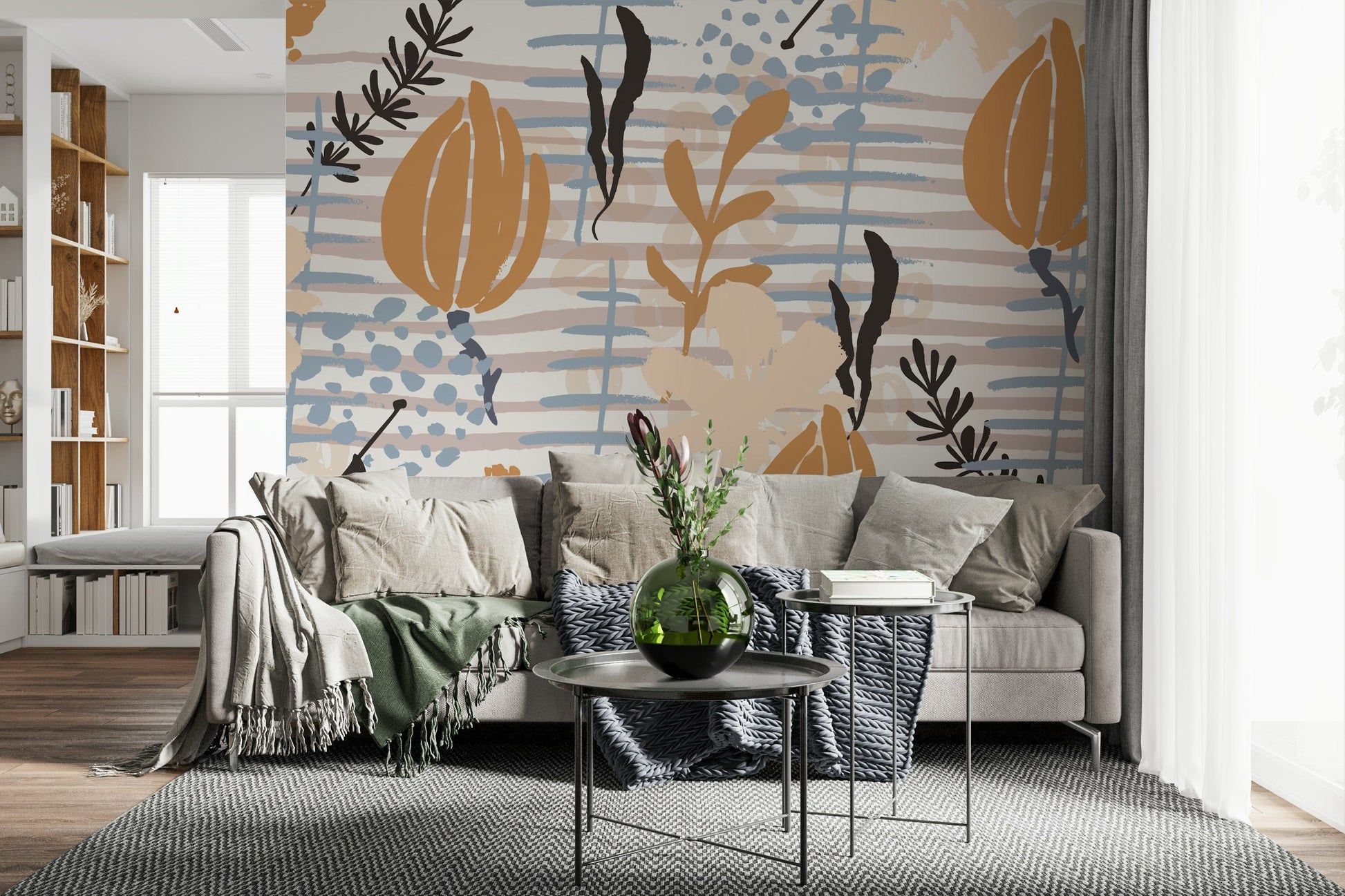 A calming floral design wallpaper mural that defines a space.

