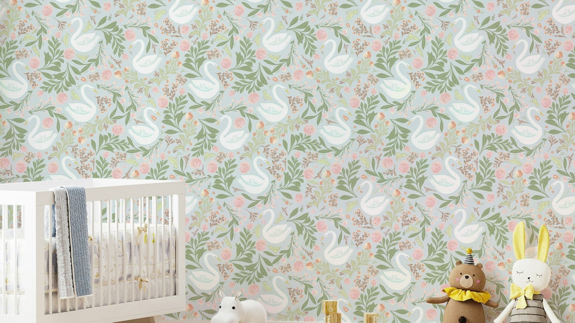 The image shows an artistic impression of a serene floral and swan scene.

