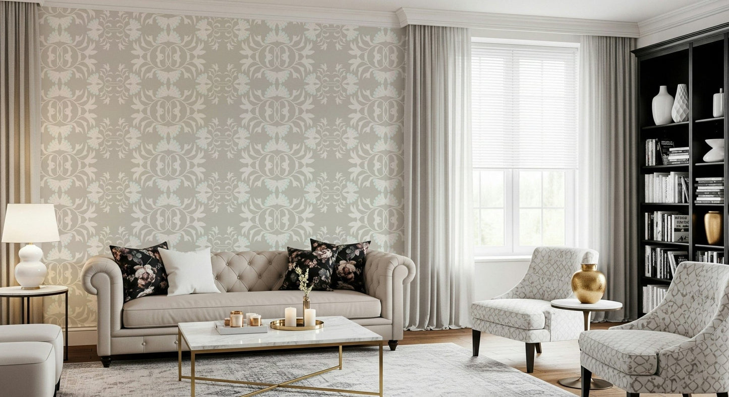 Sophisticated grey background with white floral symmetry curved lines.