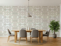 Soft pastel mural wallpaper showcasing symmetrical garden vine patterns.
