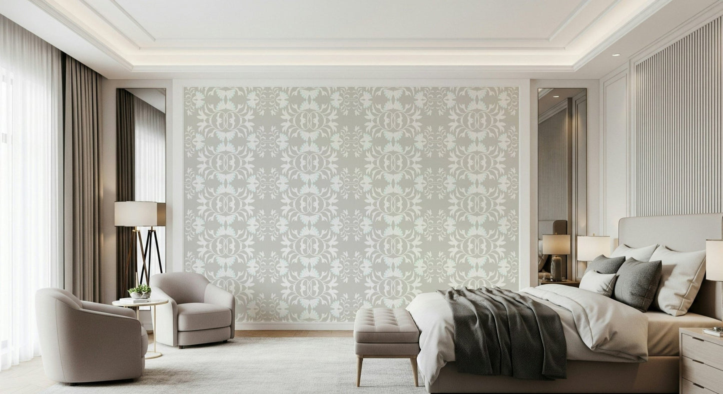 Elegant grey wallpaper for walls with pale damask flourishes.