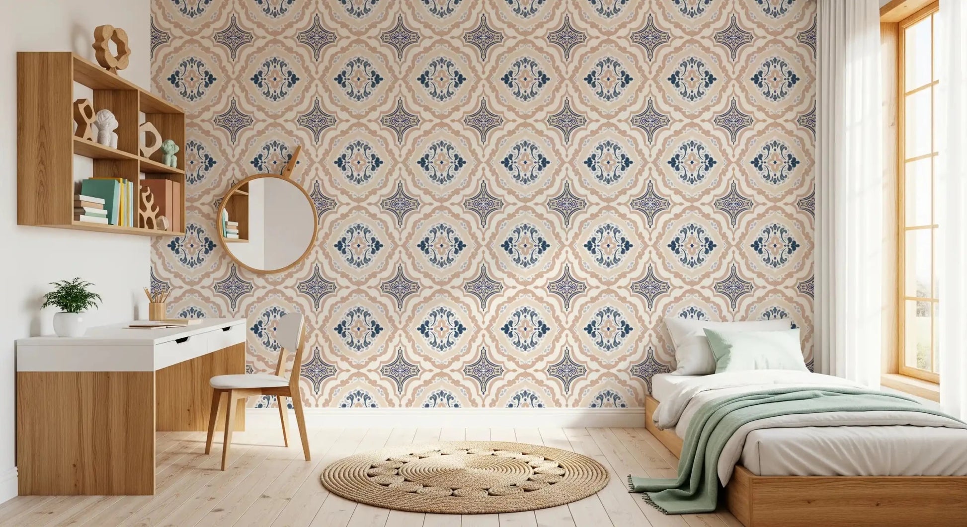 Floral Tile Harmony Wallpaper used as a focal point in a modern home.