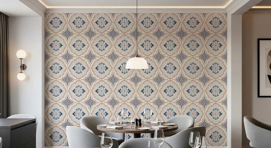Floral Tile Harmony dining room Wallpaper with soft pastel botanical motifs.