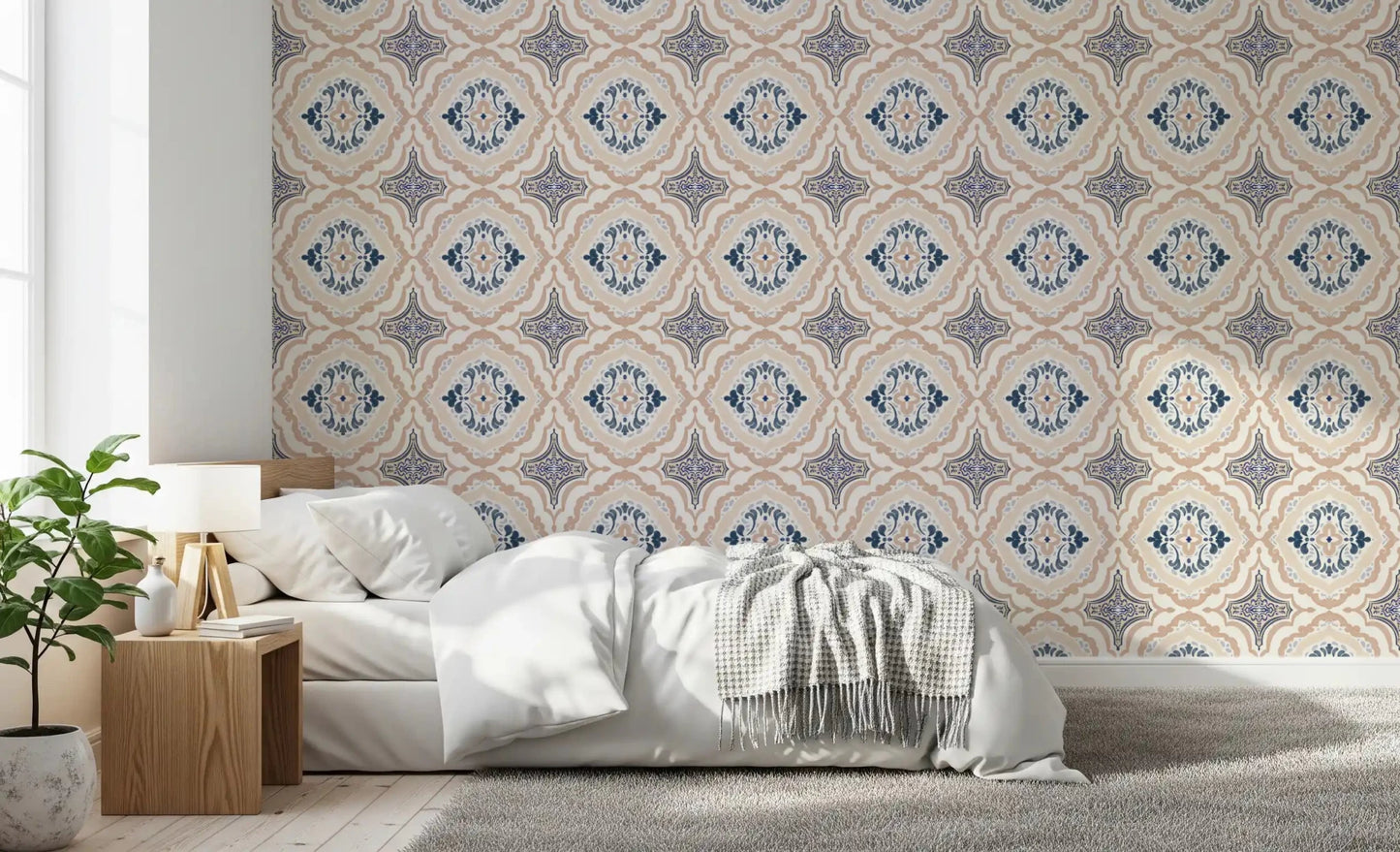 Close up of white and blue petals on Floral Tile Harmony Wallpaper for a bedroom