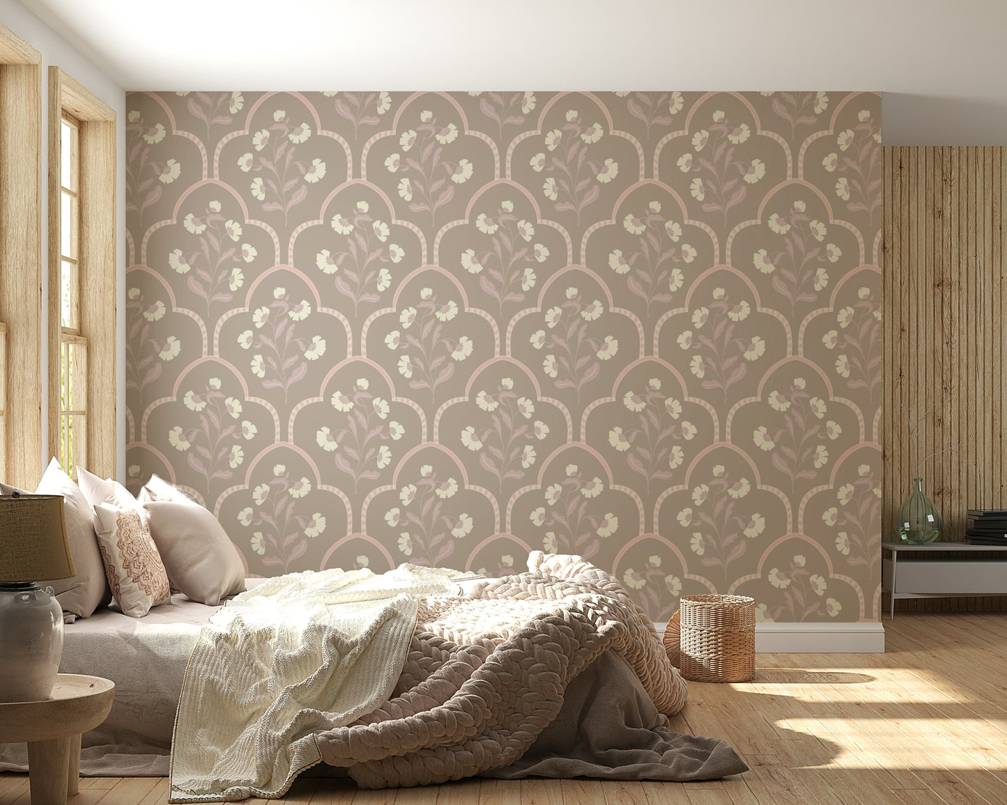 Monochrome taupe background highlights Garden Trellis charming wallpaper.