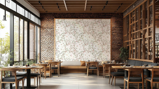 Wall mural with an elegant Chinoiserie-style bird and floral design.

