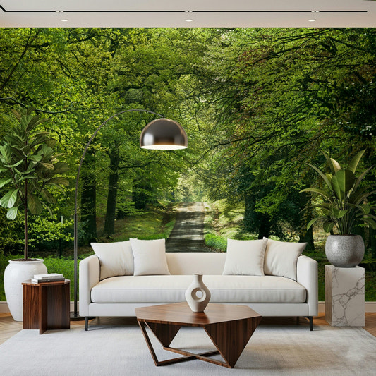 Green forest path wall mural in spring light