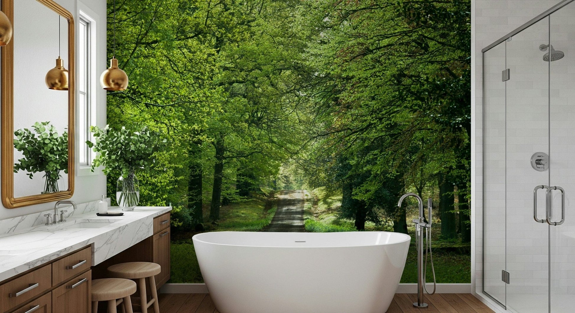 Nature path wall mural under leafy canopy