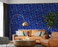 Bathroom wall décor with dark delft blue floral tile wallpaper, classic blue and white bouquet design