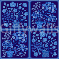 Hallway wall decor using blue and white floral tile wallpaper, bouquet repeats, clean structured design