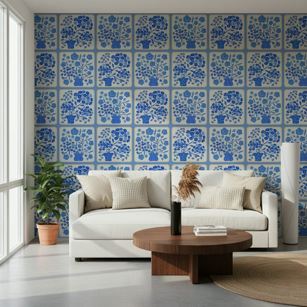 Delft blue and white floral tile wallpaper in modern kitchen backsplash wall decor