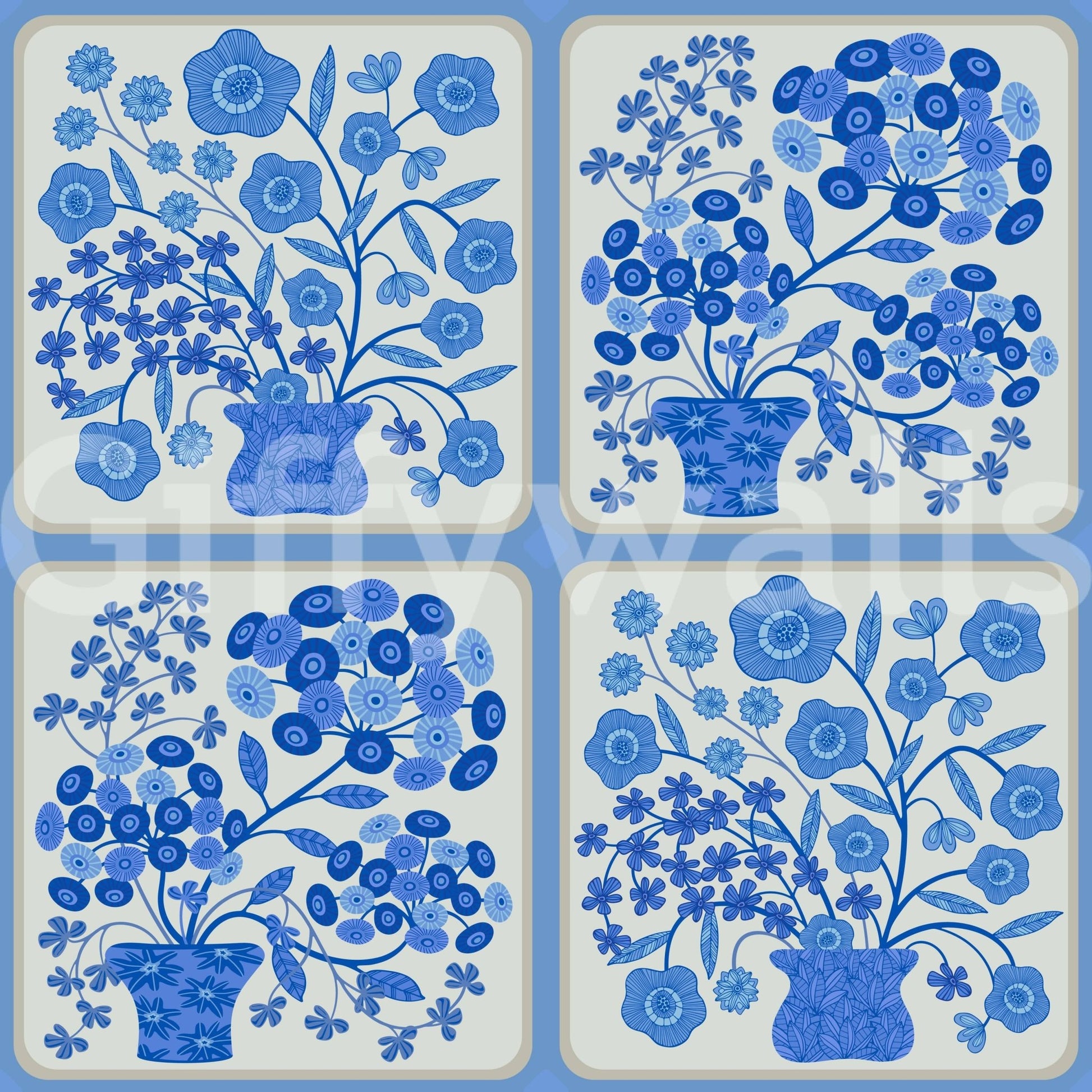 Floral tile pattern wallpaper for bedroom accent wall, light blue bouquets and stems