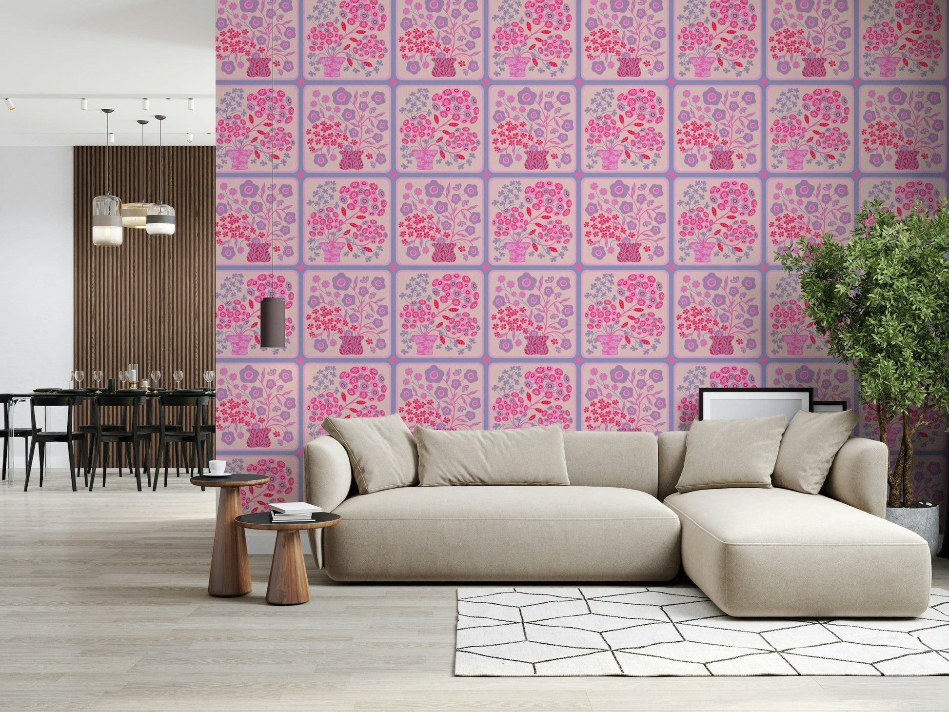 Modern living room featuring a fuchsia and lavender floral accent wall behind a gray sofa.