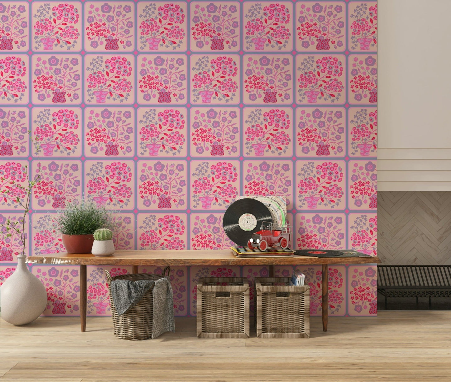 Nursery wall decor with soft purple and pink flower bouquet patterns.
