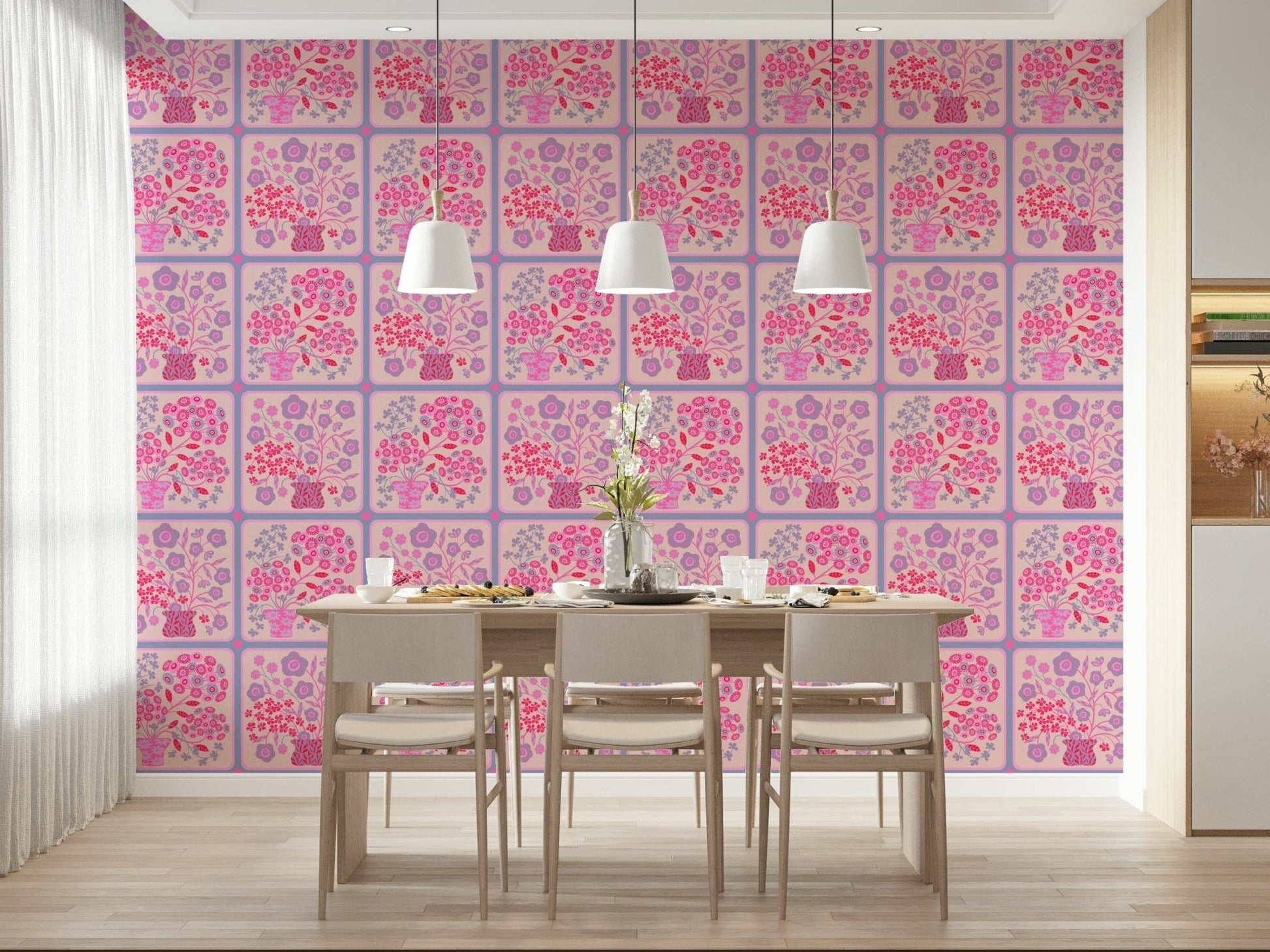 Lavender and purple flower bouquet tile wallpaper on a bedroom feature wall.