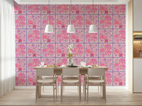 Lavender and purple flower bouquet tile wallpaper on a bedroom feature wall.