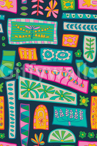 A striking patchwork wallpaper blending retro floral motifs with bold geometric color panels.