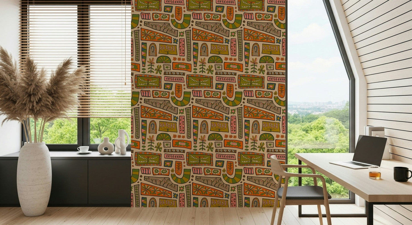 A warm bohemian wallpaper showcasing colorful patchwork tiles decorated with playful floral motifs.