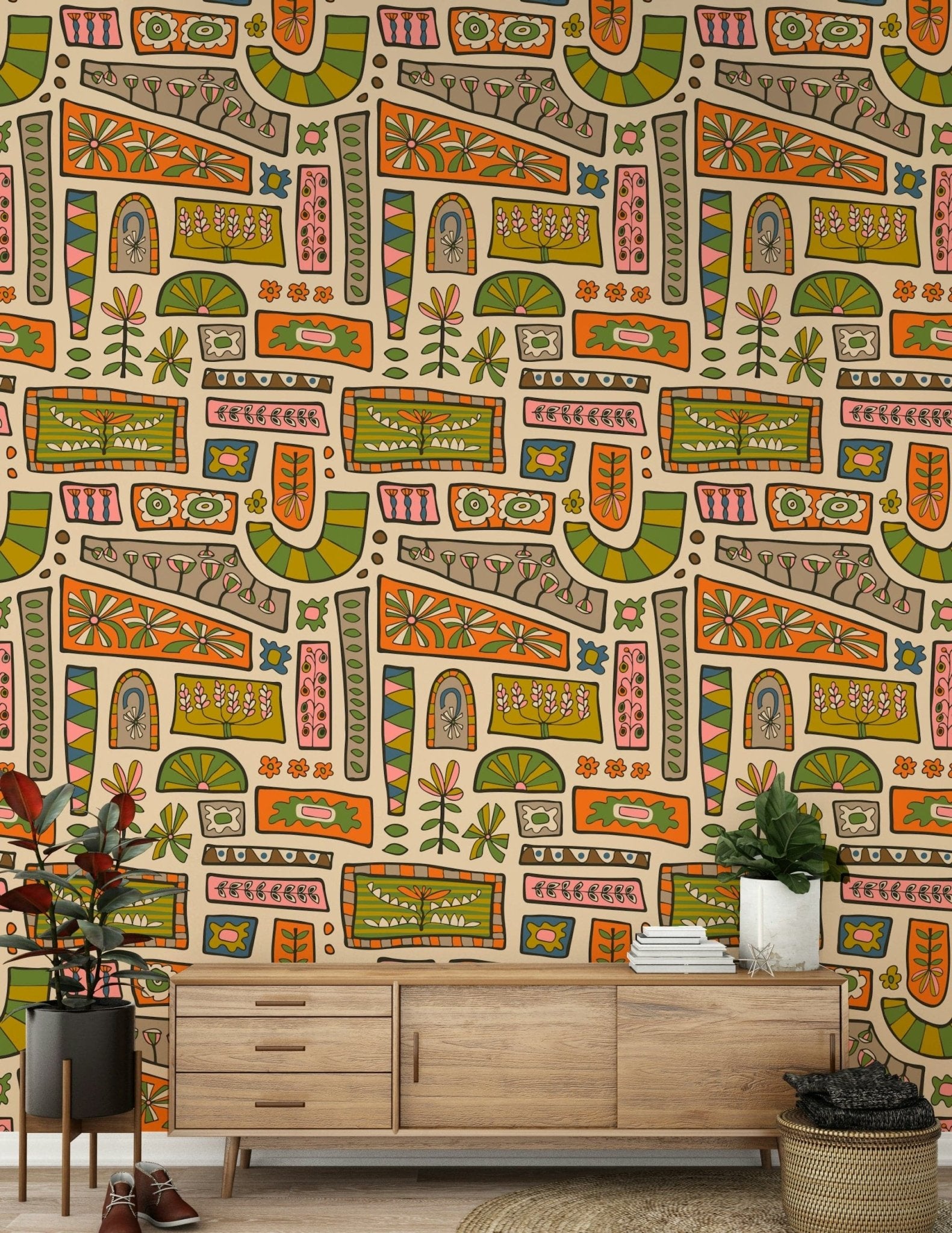 A retro-inspired wallpaper featuring eclectic floral blocks in soft green, orange, and beige tones.