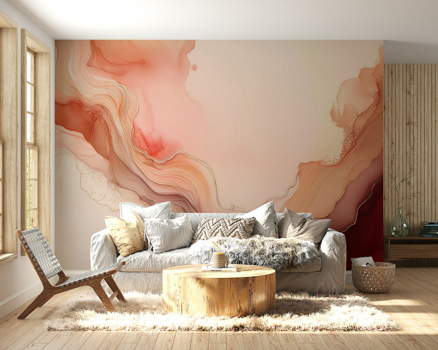 Aesthetic peach and coral decor for an urban apartment.