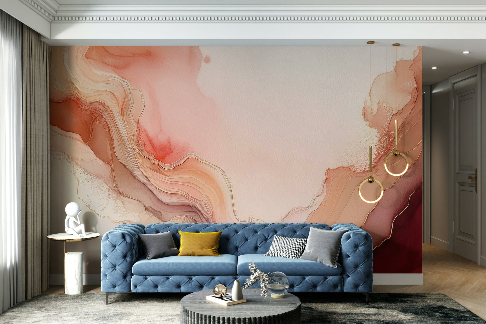 Warm pink and orange wall decor for a contemporary office.