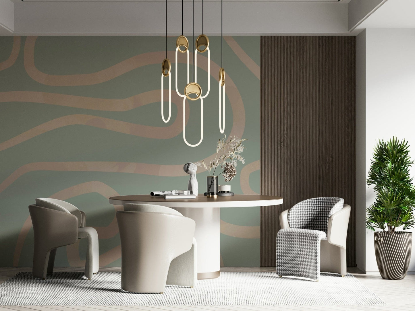 Flowing Lines Green abstract mural minimal artistic interior accent.
