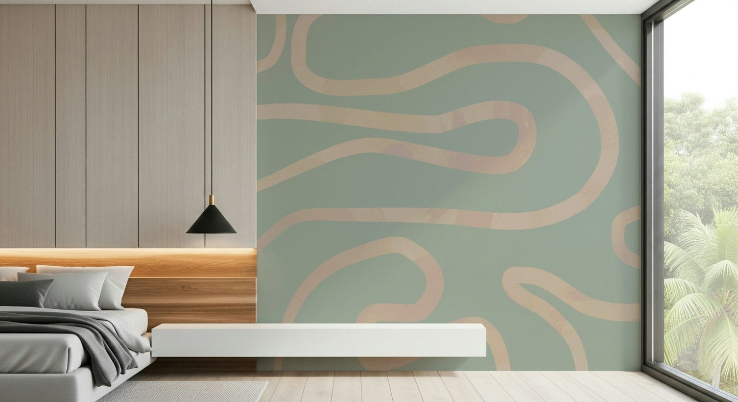 Modern aesthetic simple line wall mural soothing green decoration.