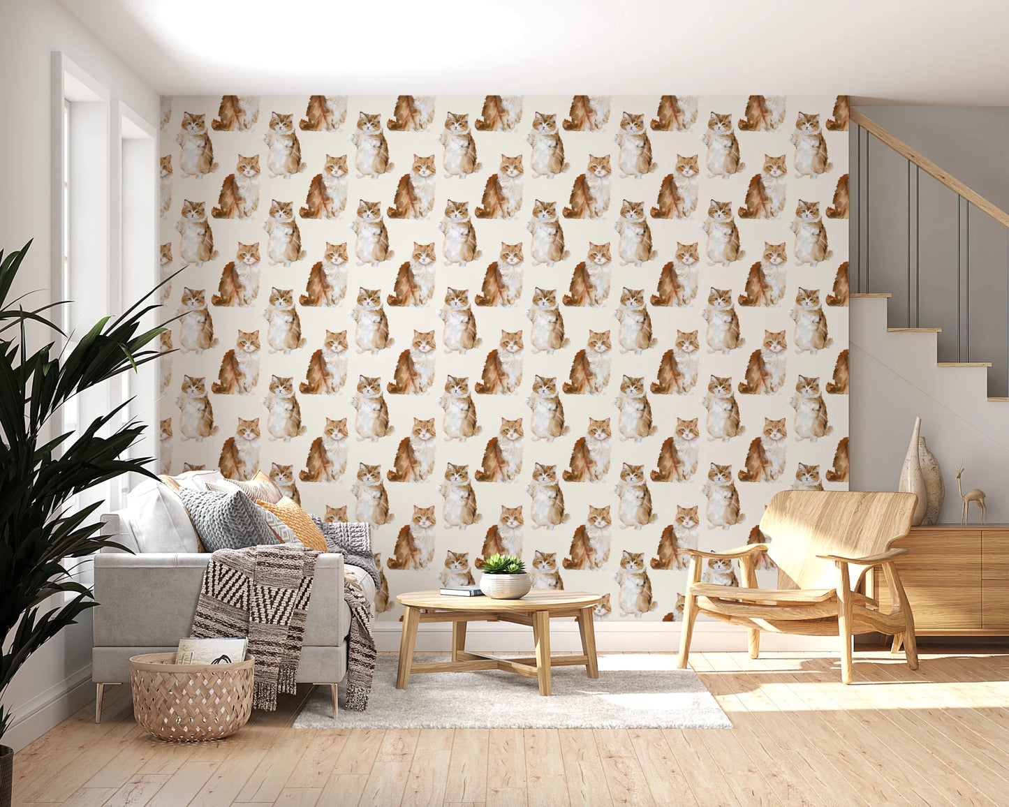 Fluffy tabby ginger cats handpainted oil painting pattern Wallpaper⁠