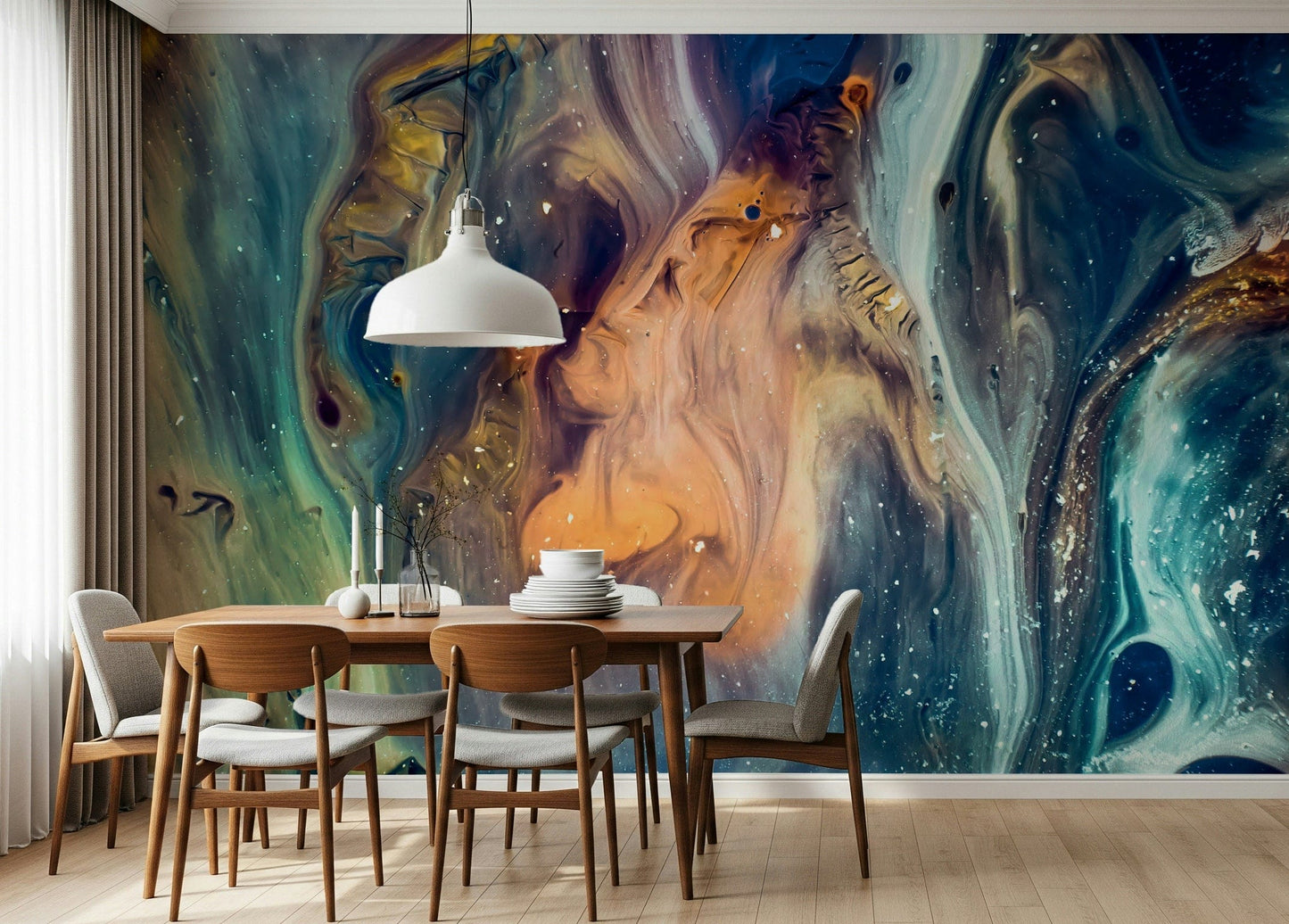Abstract Cosmic Wall Mural – Artistic representation of a fluid universe with depth, movement, and vibrant cosmic tones.