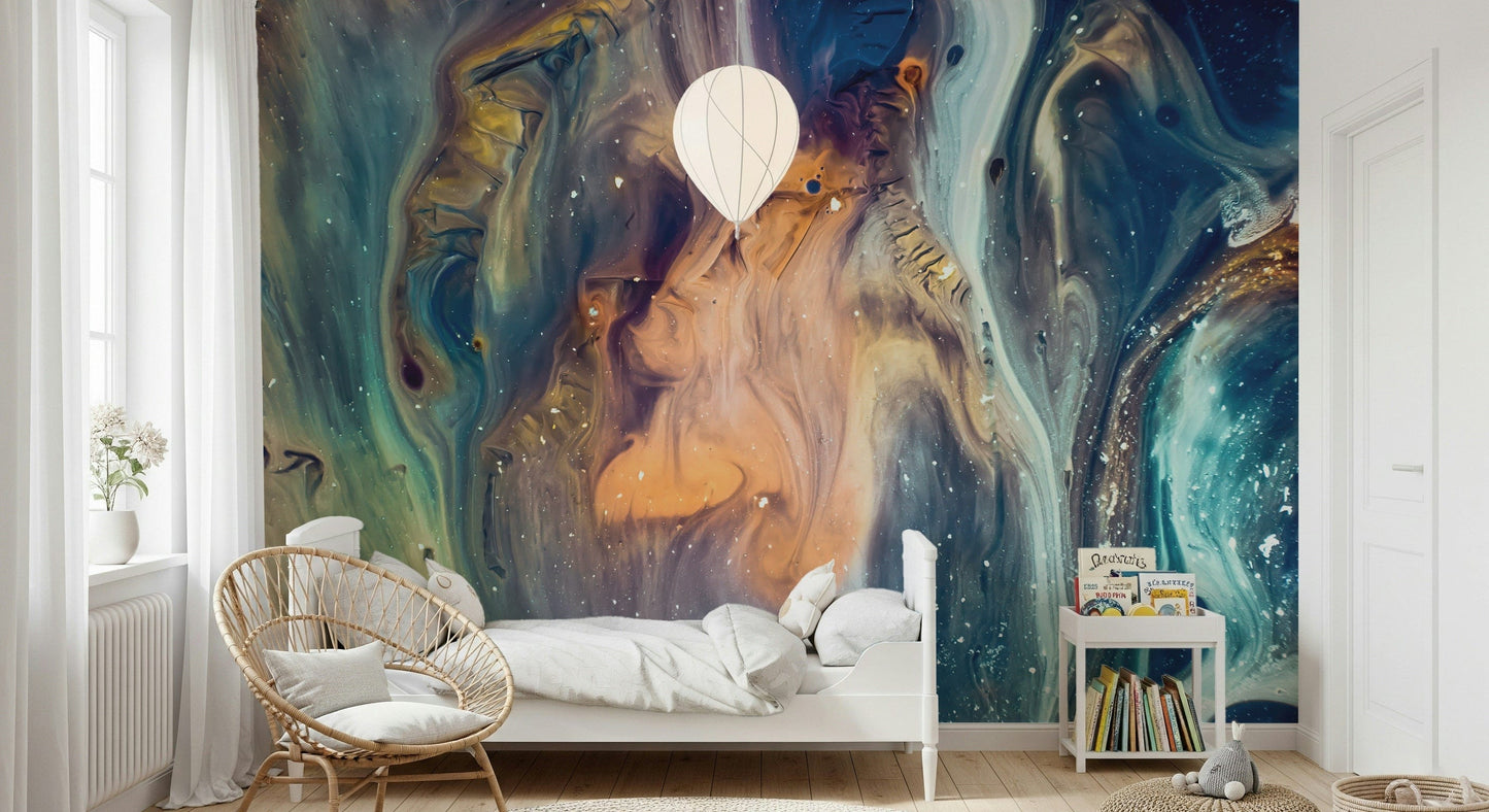 Galactic Abstract Wall Mural – Fluid universe-inspired mural with flowing cosmic patterns in rich, vivid hues.