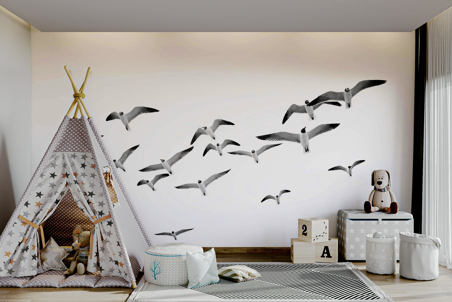 Flying Birds wall mural adding a calming, natural atmosphere to your room.

