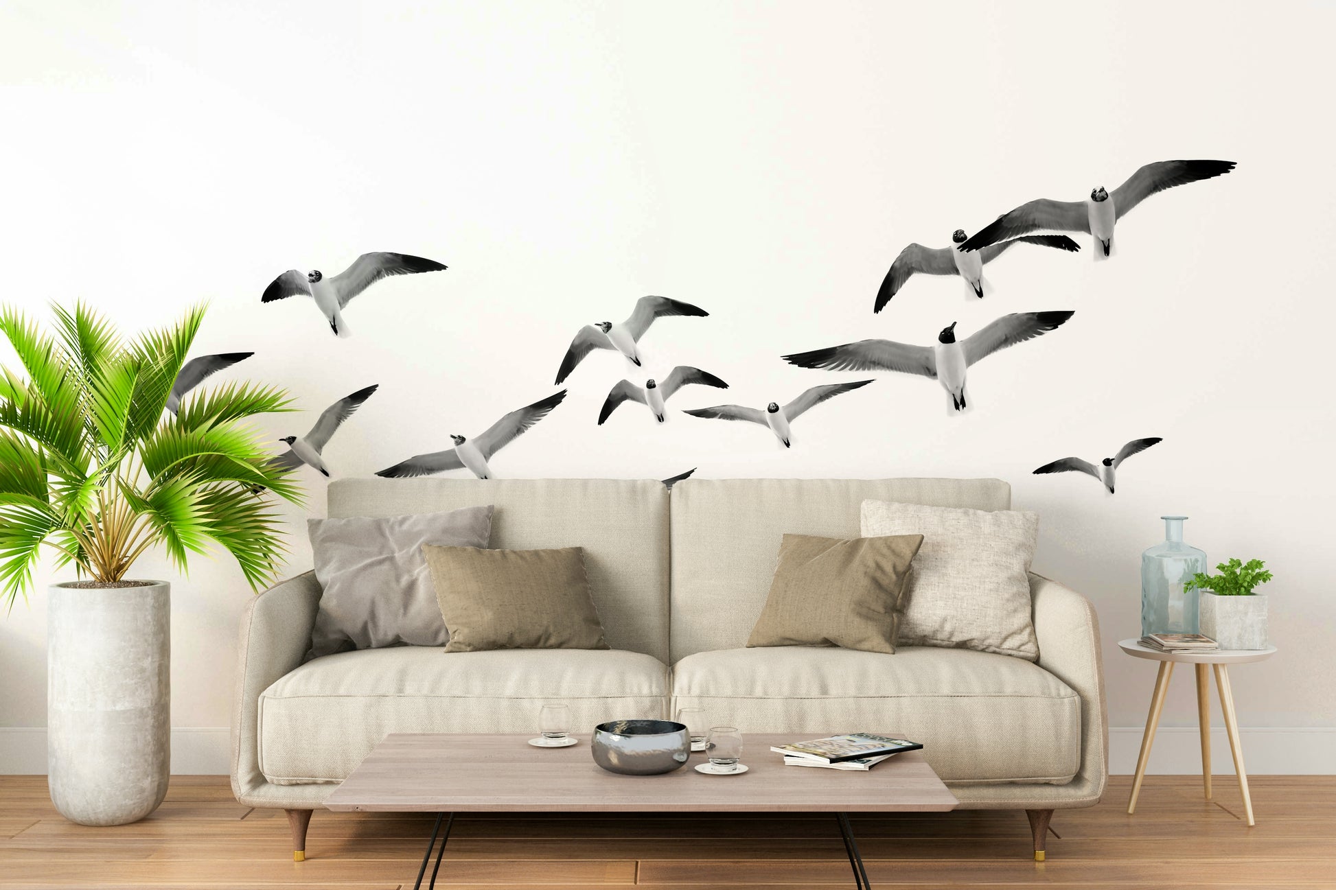 Serene Flying Birds wall mural with birds soaring across the sky.

