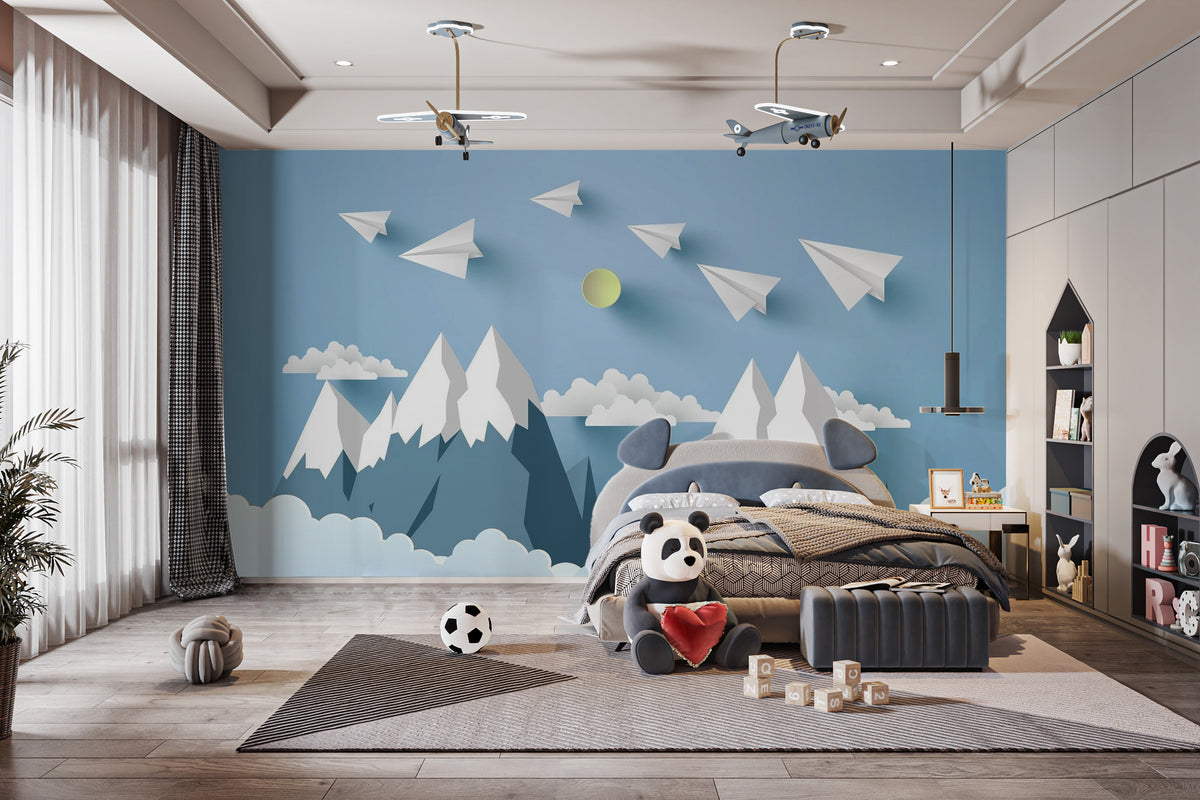 Flying Planes on Mountain Peel and Stick Wallpaper for Kids wallpaper mural as a feature wall