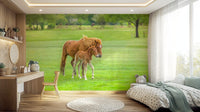 Bedroom mural with foal illustration, soft browns and greens, airy look