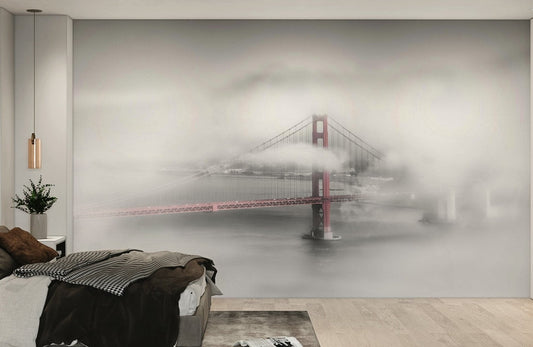 Colorkey wall mural featuring Golden Gate Bridge in fog.

