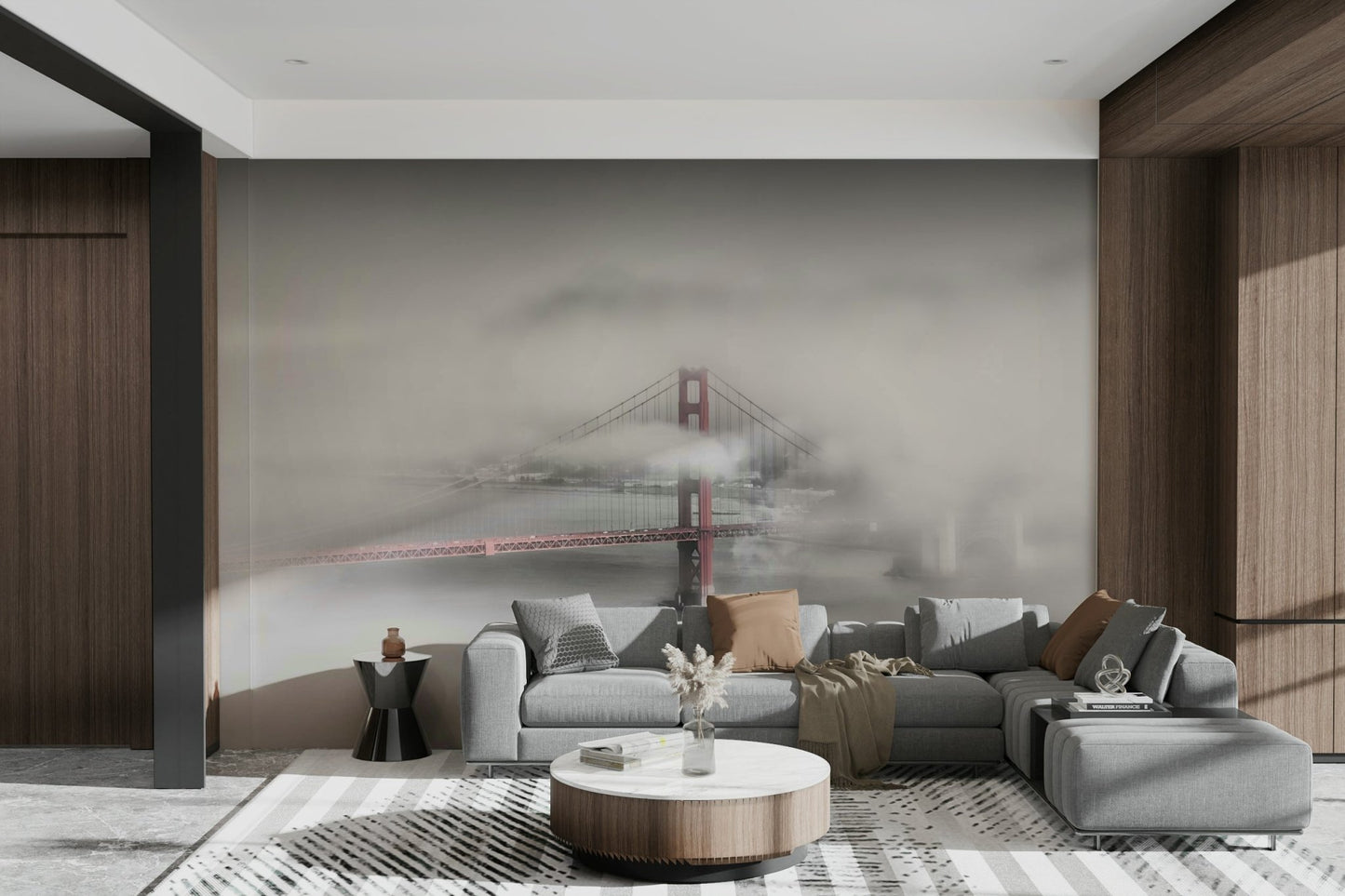 Golden Gate Bridge partially hidden by fog wall mural.

