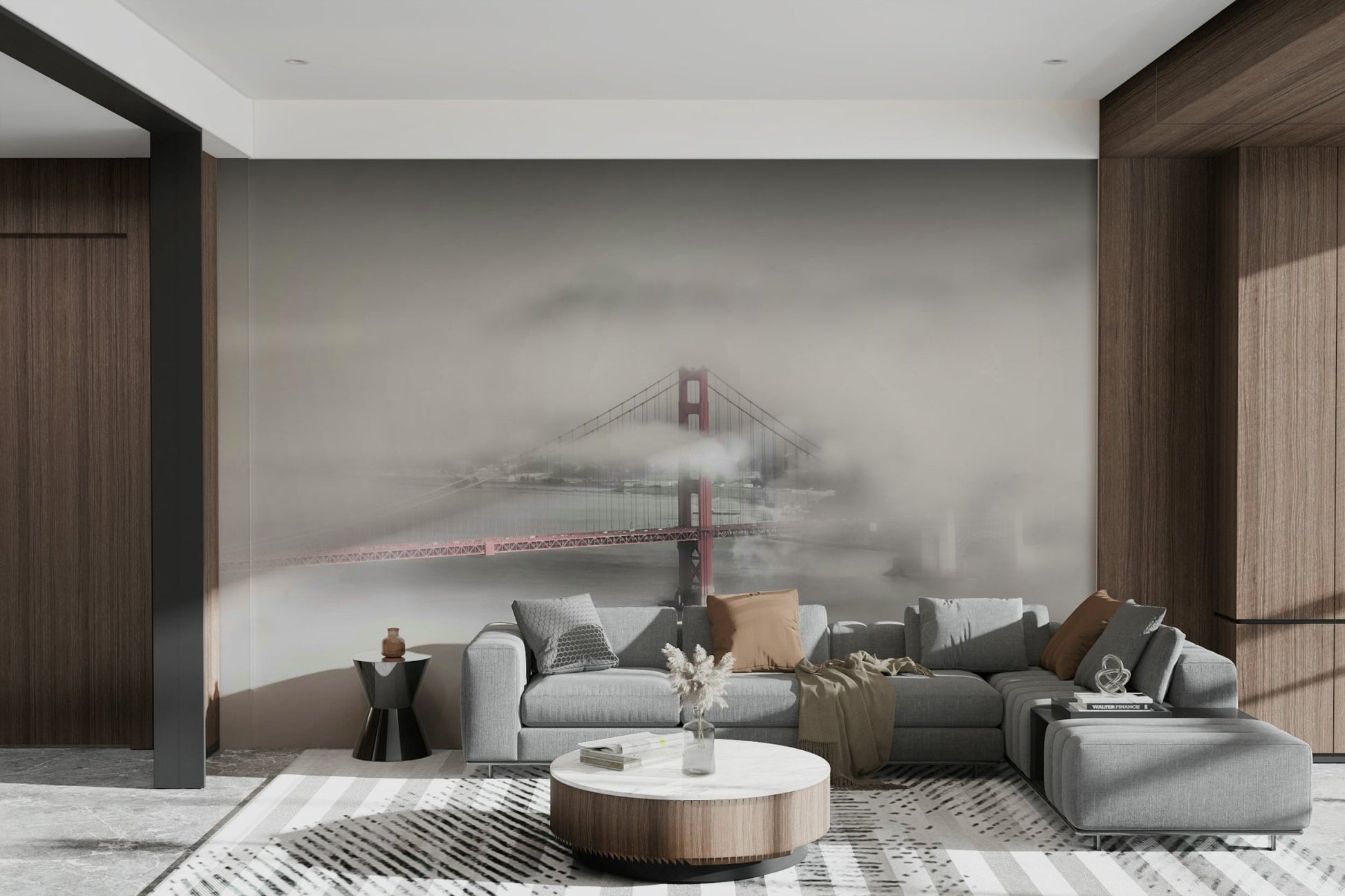 Golden Gate Bridge partially hidden by fog wall mural.

