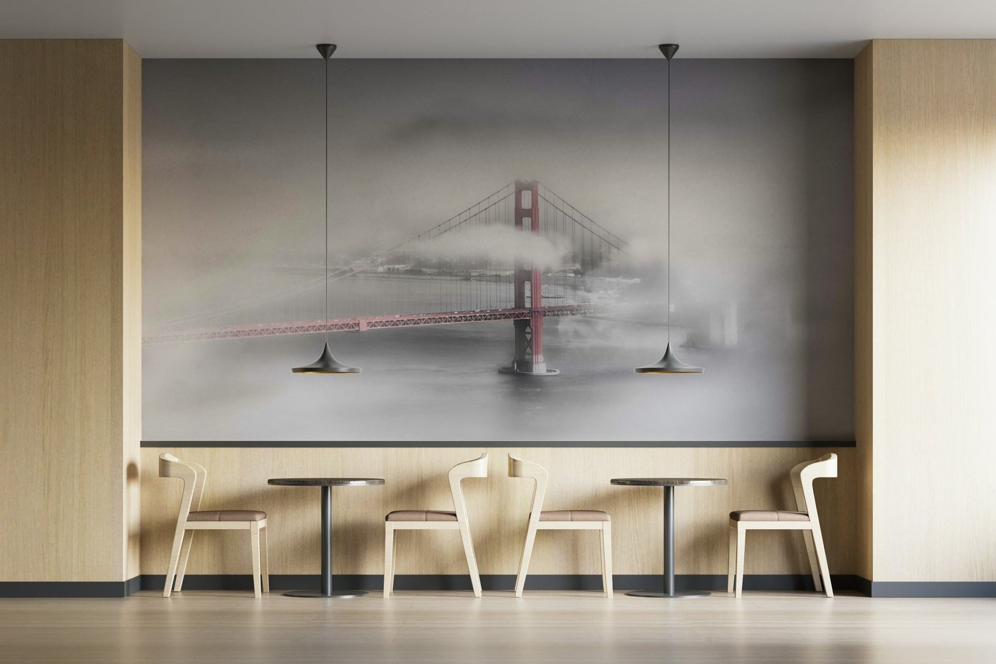 Fog and foggy weather surrounding the Golden Gate Bridge mural.

