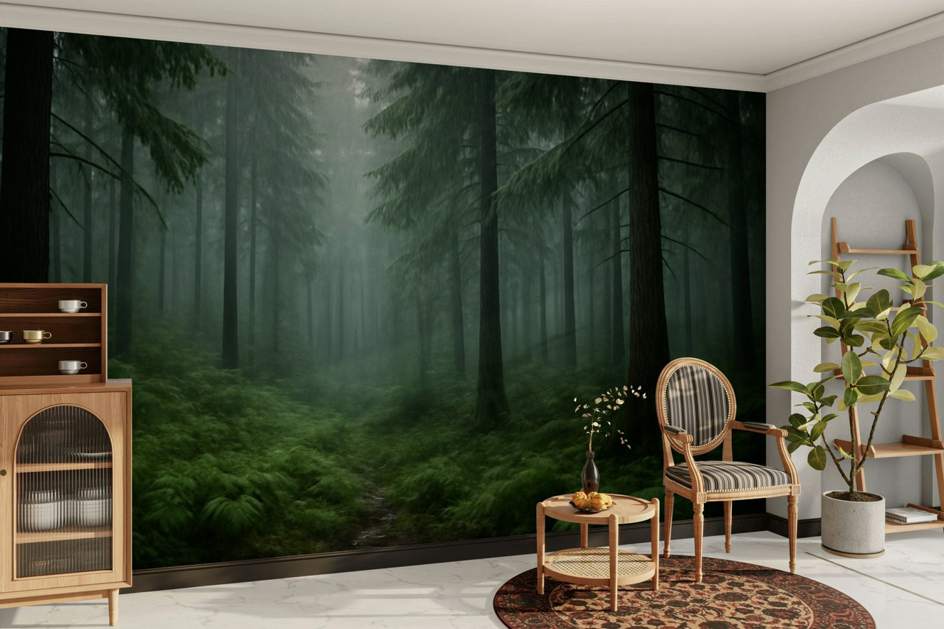 Foggy wilderness mural with towering trees and lush greenery.

