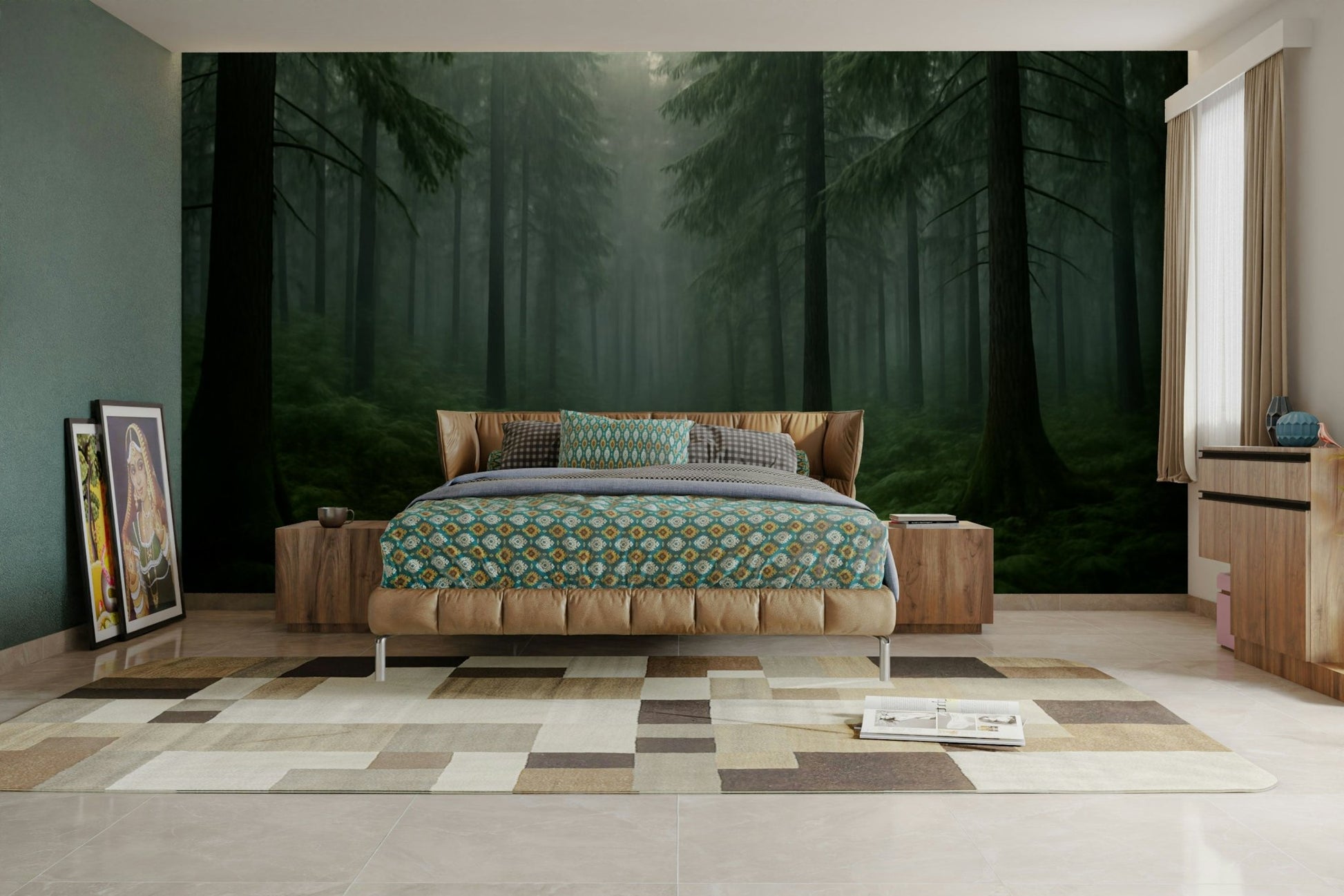 Misty pine trees mural wallpaper

