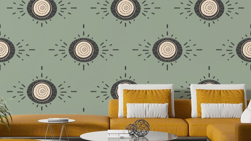 Folk Bloom Light Charcoal Sage Wallpaper with geometric floral motifs

