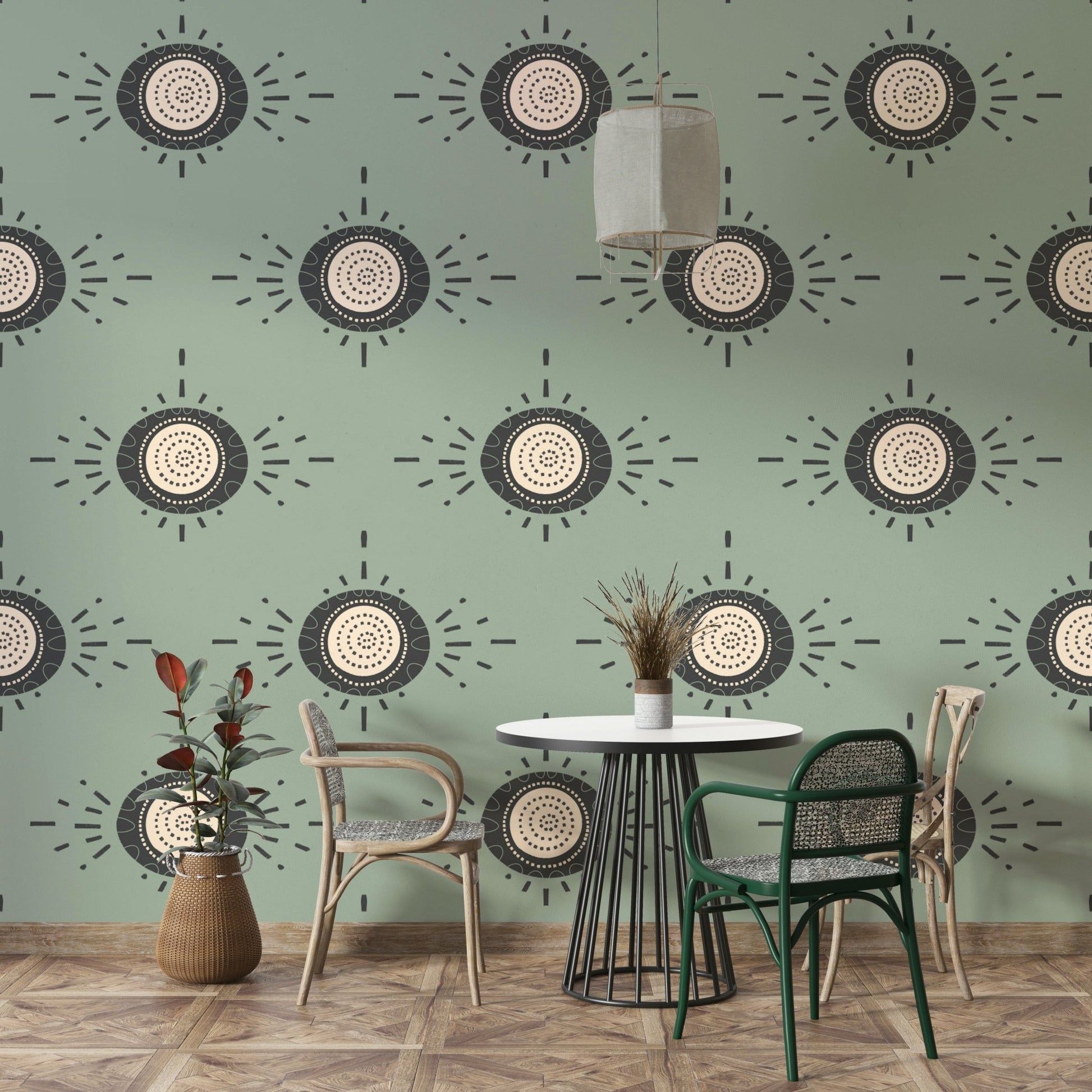 Bold geometric floral wallpaper with sage background and charcoal flowers

