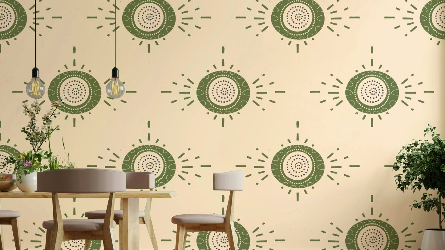 Folk Bloom Light Cream Olive Wallpaper with geometric floral patterns

